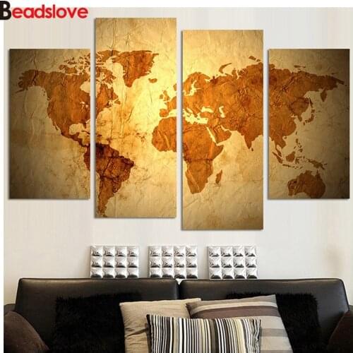 4 Piece Full Square Round Drill 5D DIY Diamond Painting Retro world map 3D Diamond Embroidery Cross Stitch Home office Decor