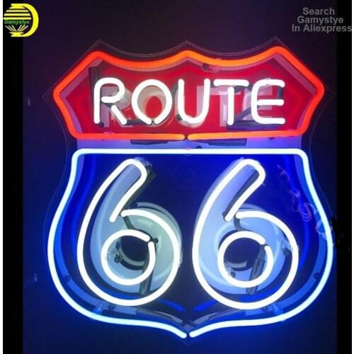 Neon Sign 10Kv Route 66 Retro Neon Sign with Background Neon Light Sign Glass Wall Light Window Lamps Road Aesthetic Room Decor