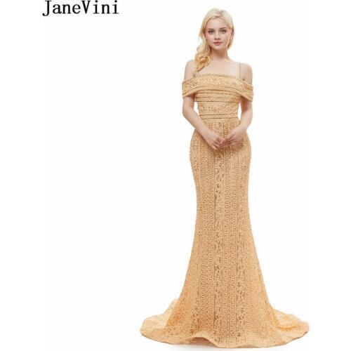 JaneVini Gorgeous Dubai Beading Mermaid Long Bridesmaid Dresses Spaghetti Straps Vintage Gold Lace Formal Prom Gowns Sweep Train