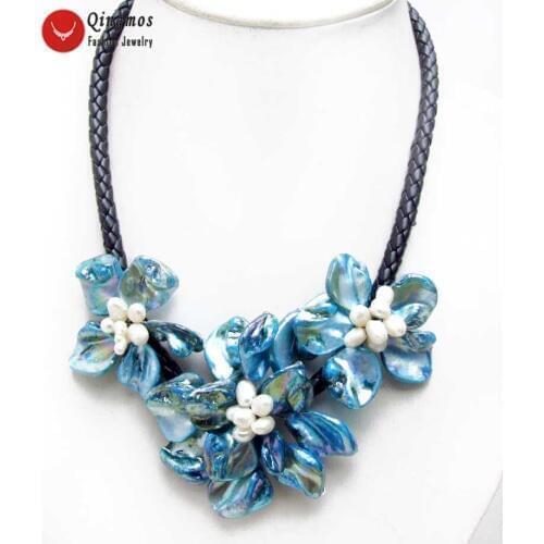 Qingmos 3 Pieces Blue 50-70mm Baroque Shell Flower Pendant Chokers Necklace for Women with Natural Pearl Black 18'' Rope 6334