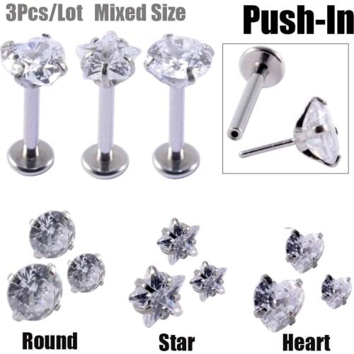 1Pc Surgical Steel Zircon Push In Ear Cartilage Tragus Helix Earrings Piercing Round Heart Star CZ GemLabret Lip Lobe Studs