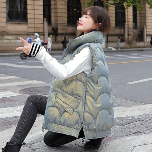 Thicken Parkas Glossy Waistcoat Jacket Womens 2021 Fall/Winter New Korean Loose Sleeveless Outerwear All-match Casual Vest Tops