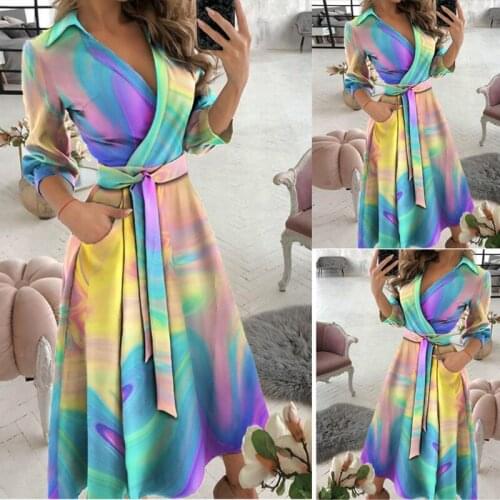 Spring Summer Fashion Women Long Sleeve V-neck Print Dress Female Rainbow Mid Waist Dress