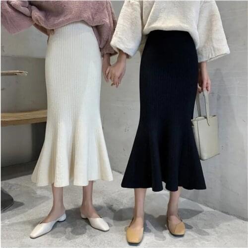 Korean Style Autumn Knitted Mermaid Skirts Women High Waist Solid Wrap Hip Trumpet Skirt Faldas Mujer Moda