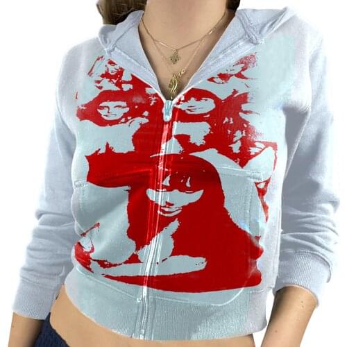 Y2K Women Autumn Portrait Print Hoodie Long Sleeves Zipper-Open Sweatshirt with Pockets for Girls, 3 Colors