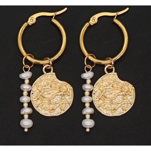 Go2Boho Real Pearl Earrings for Women Unique Jewelry Dangle Earing Nameplate Eardrop Hanging Earring Stainless Steel Circle