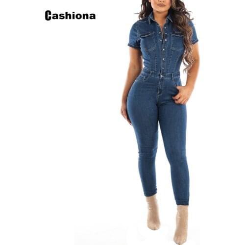European Style Fashion Jeans Demin Jumpsuit Women Notched Short Sleeve Denim Romper Skinny Trouser 2021 Single Breasted Overalls
