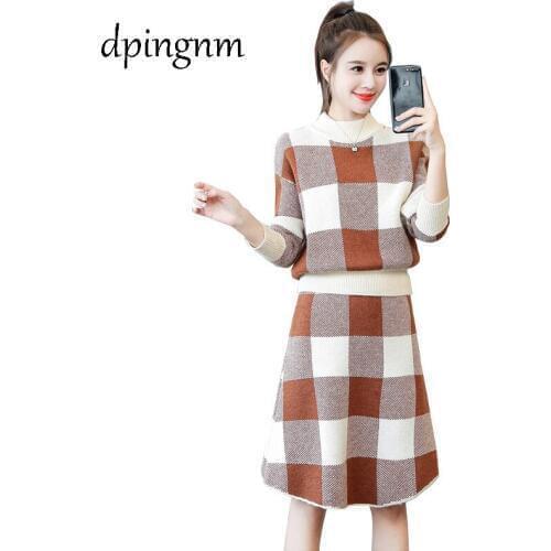 New 2018 Auutmn Winter Two Piece Sets Women Elegant Turtleneck Sweater + Pleated Skirt Twinset Suits Woman Knitted 2 Pcs Set