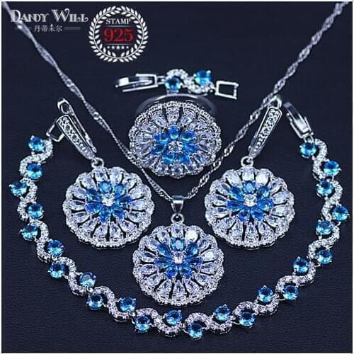 Occident Sky Blue Zircon White Zircon Four Piece Women Costume Jewelry Set silver color Ring Size 6/7/8/9/10