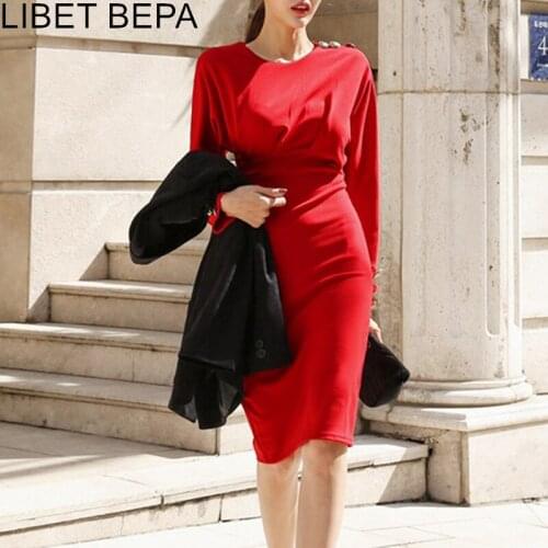 2021 New Autumn Winter Women Dress O-Neck Solid Buttons Elegant Package Hip High Waist Dresses Bottoming Casual DR9136
