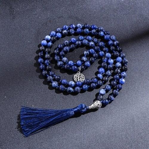 108 Mala Natural Lapis Lazuli Handmade Beaded Knot Meditation Yoga Blessing Anniversary Big Buddha Head Tassel Long Necklace
