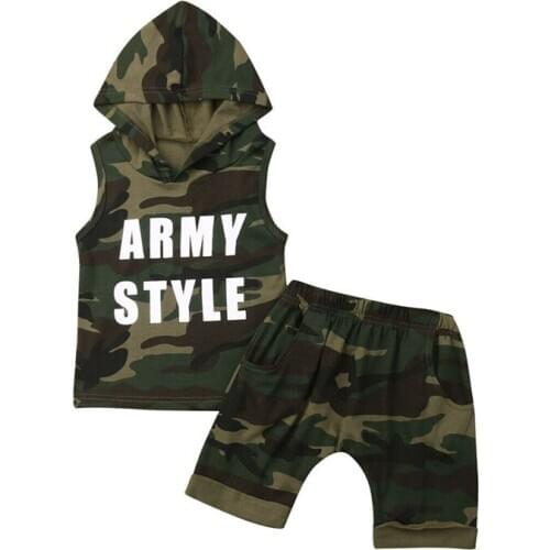2pcs Camo Toddler Baby Boy Clothes Hoodies Sleeveless T-shirt Tops+Shorts Pants Clothes Camouflage Outfits Set