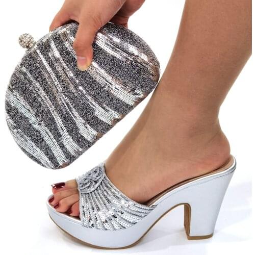 2021 Silver Color New Design High Quality African Women Shoes and Bag to Mach Popular Sandals for Christams Party