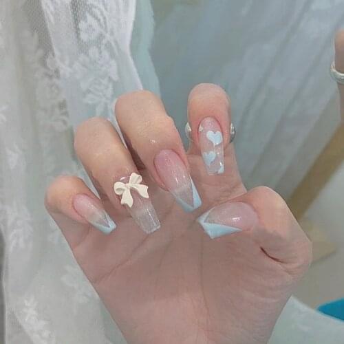 24pcs Bow Love Heart Printed Design False Nails Patch with Glue Women Manicure False Nails Patch with Glue Press On Nails Tips