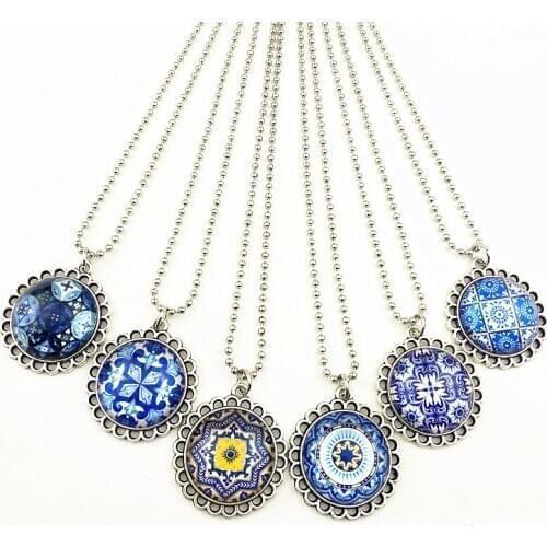 24pcs Blue and white porcelain pattern,retro Chinese style,national style Necklace for women girl best gift wholesale