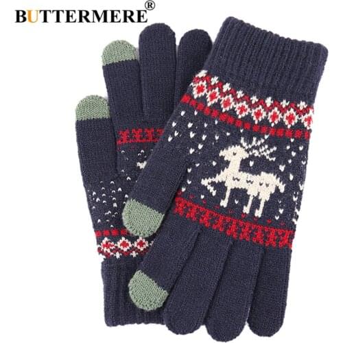 BUTTERMERE Knitting White Gloves Women Men Touch Screen Deer Pattern Christmas Warm Male Female Glove Fashion Guantes