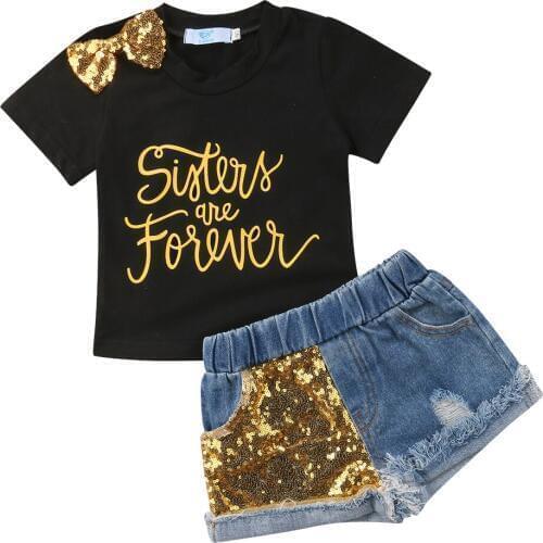 Citgeett Kids Baby Girl Bowknot T-Shirts Black Top+Sequins Gold Shorts Denim Jeans Pants Clothes Outfit Summer Fashion Set