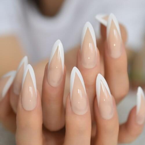 Long Nude French Nail White V Shape Extra Long Faux Ongles Stiletto Proffesional Nail Art Tips Designed Manicure Tip Kit 24
