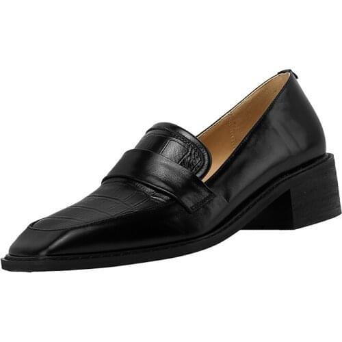 EGTPINAOP Genuine Cow Leather Loafers Ladies Shoes Square Toe Mid-heel Casual Shoesladies Casual Shoes Handmade Minimalism