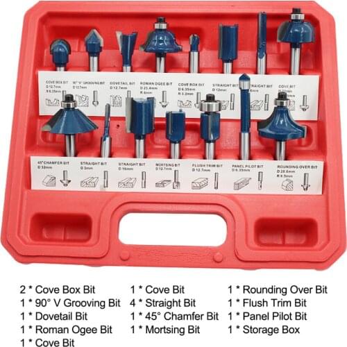 15PCS 1/4 Inch Shank Woodworking Milling Cutter Bits Set Trimming Machine Engraving Machine Accessories Set with Storage Box