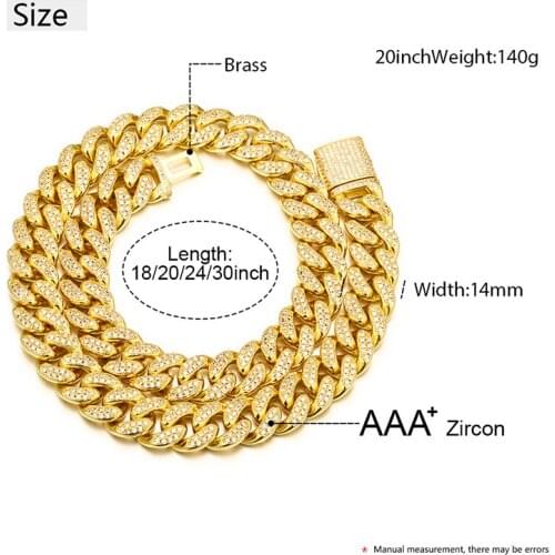 ICEOUTBOX 14mm Box Clasp Micro Pave Iced CZ Cuban Link Necklaces Mens Hip Hop Gold Color Luxury Bling Fashion Jewelry For Men