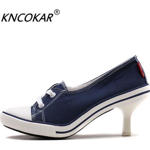 KNCOKAR denim canvas slippers High heel fashion shoes with sexy casual and comfortable shoes holiday gifts