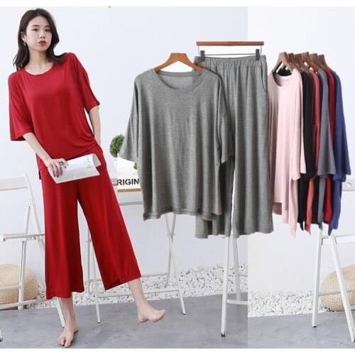 2 Piece Set 95% Cotton Soft Homewear For Women Solid Loose Pajamas Short Sleeve T Shirt And Pants Summer Home Clothes For Female