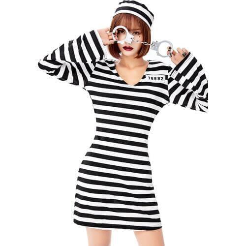 Zhomecos Sexy Black Striped Prisoners Cosplay Costume Striped Dress for Girls Women Halloween Game Stage Bar Police Costumes