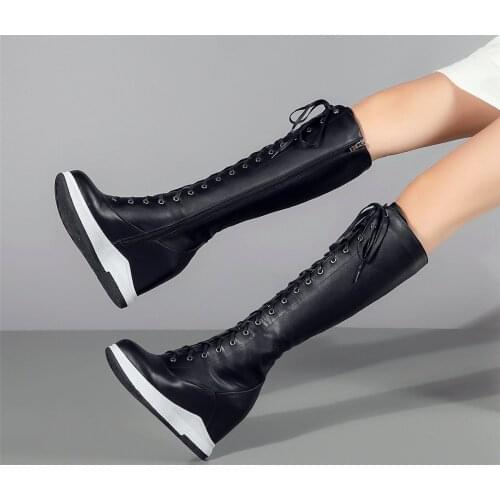 2021 Women Lace Up Genuine Leather Wedges High Heel Platform Pumps Shoes Female Winter Warm Round Toe Knee High Motorcycle Boots