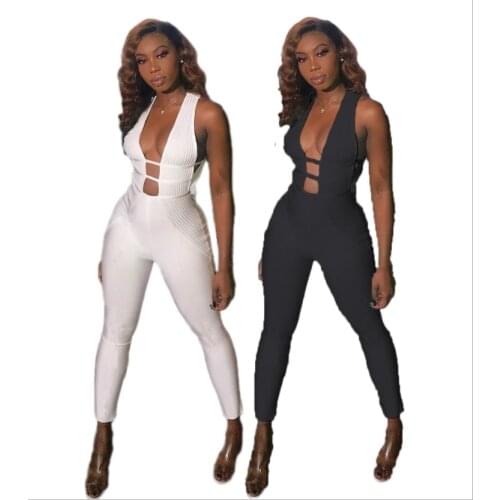 Fashion New Style Womens Clothing Sexy Open Chest Sleeveless Pullover Fashion Waist Tight Nightclub Party Solid Color Jumpsuit