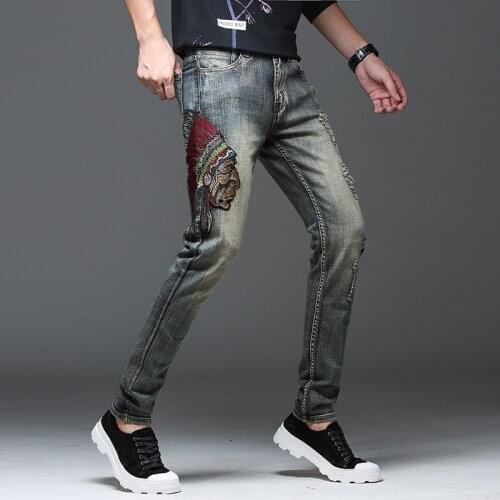 Navy Blue Mens Jeans Straight Pencil Pants Mid-waist Zipper Placket Casual Jeans Youth Streetwear for 2020 Male