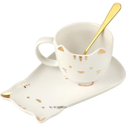 200ML Cartoon Ceramics Cat Mug Set with Saucers Spoon Coffee Milk Mugs Birthday Gift Kawaii Mug Ceramic Mug tea cup
