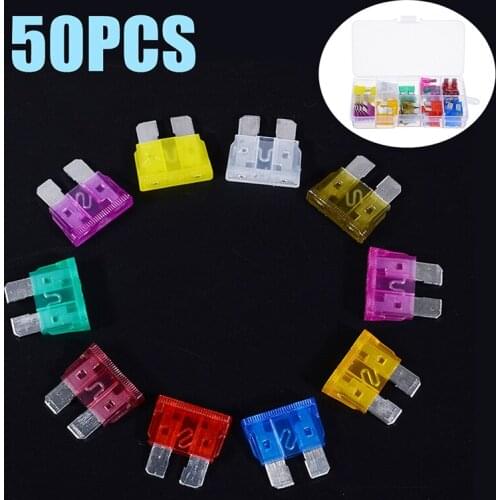 50pcs Mixed Medium Standard Blade Fuse Assortment Kit 3A~40A Replacement Cars Boat Buses Fuses Assorted Set With Storage Box