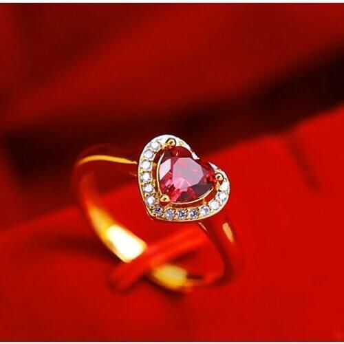 Engagement Romantic Finger Ring Band Yellow Gold Filled Heart Cut Red Zirconia Wedding Womens Ring Size Adjust