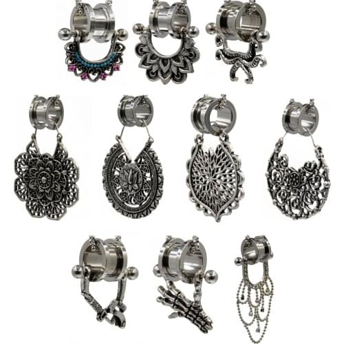 PAIR Tribal White Brass Floral Mandala Flower Hoop Earrings Ear Tunnel Vintage Expander Ear Stretcher Plug Body Piercing Jewelry