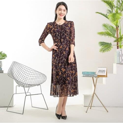 Middle aged and old womens dress large new dress spring and summer printing mesh slim long sleeve mothers dress