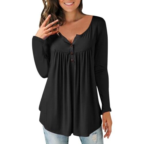 Plus Size Womens Tops And Blouses Womens Casual Loose Long-sleeved Loose O-neck Button Pleated Top Blusas Mujer De Moda 2021