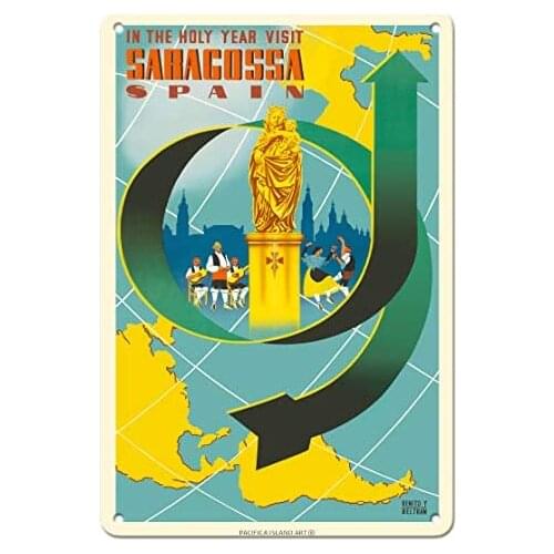 Saragossa, Spain - Holy Year Pilgrimage by Benito Y Beltran c.1950s Metal Tin Sign