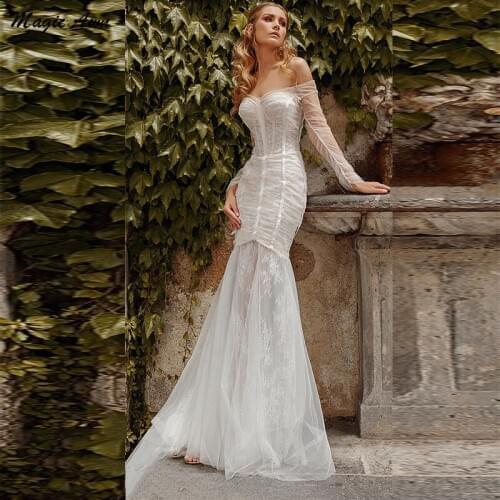 Magic Awn Off The Shoulder Mermaid Wedding Dresses Boho Long Sleeves Lace Appliques Princess Illusion Beach Wedding Party Dress