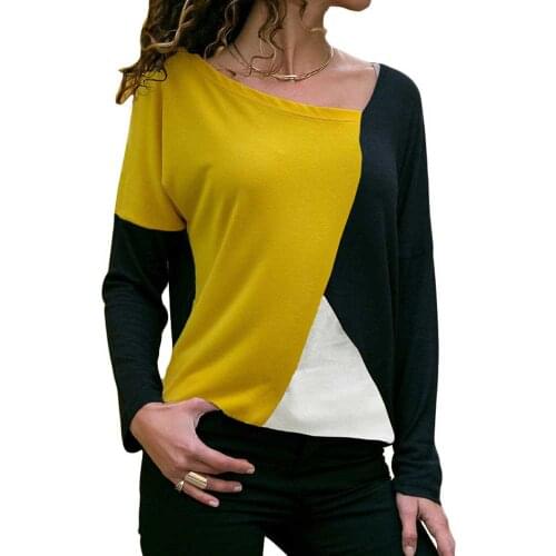 Women Contrast Color Patchwork T shirt Female O Neck Full Sleeve Slim Fit Tops Casual Ladies Polyester Tee Shirt WDC1689