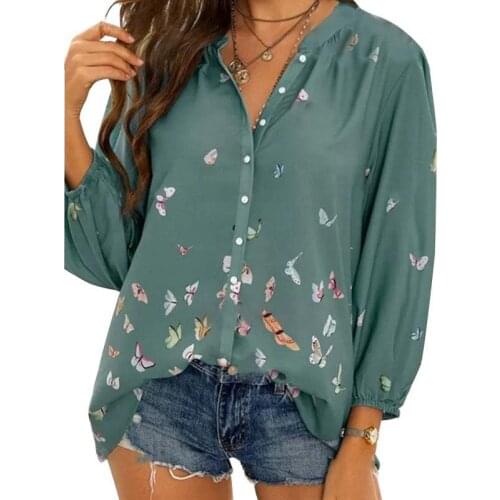 Print Long Sleeve Turn-down Collar Women Shirt Office Casual Elegant Tops Summer Loose Vintage Plus Size Ladies Tees