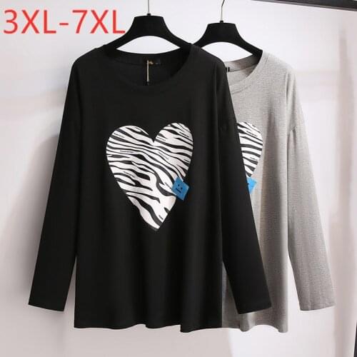 New Spring Autumn Plus Size Tops For Women Large Loose Pullover Long sleeve Black Gray Print Cotton T-shirt 7XL