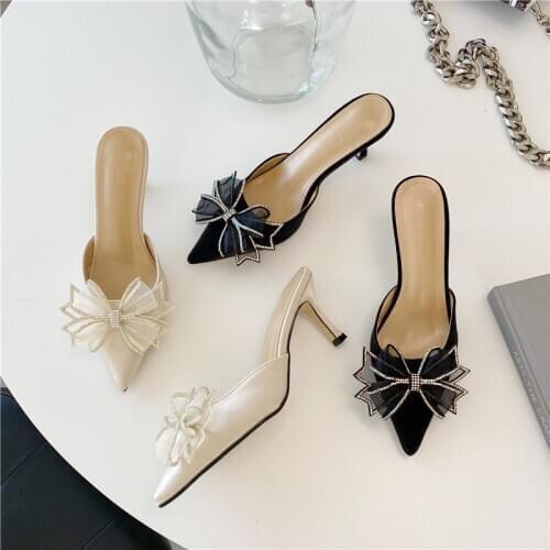 Pointy Water Drill Fine Heel Womens Slippers Bun Bow High Heel Muller Shoe Girl