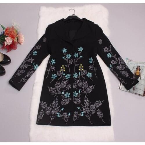 2021 Vintage Coats Autumn Winter New Coat / Jacket Full Sleeve Elegant Floral Embroidery Black Long Women