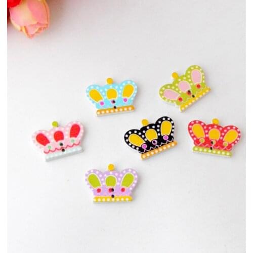 Free Shipping 100Pcs Random Mixed Lovely 2 Holes Cartoon Style Crown Wood Buttons Sewing Scrapbooking 25x18mm J2716