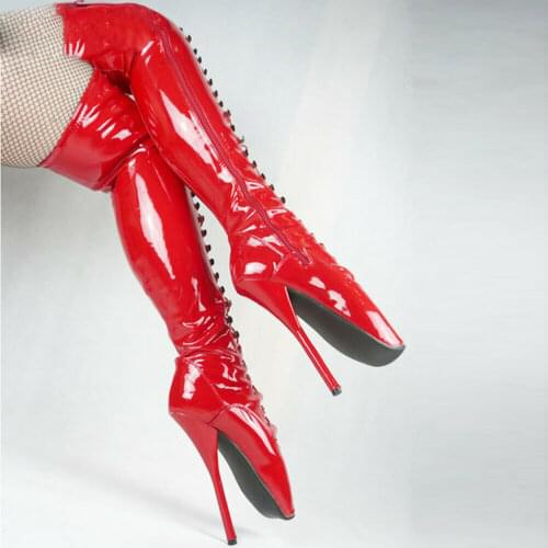 Shiny Womens Very High Heel Ballet Shoes Lace Up Leather Boots Club Sexy Boots