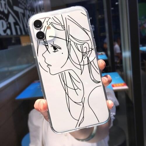 Cute Anime Girl Face Phone Case For iPhone XR 12 11 Pro X XS MAX SE20 7 8 6Plus Abstract Art Line Clear Soft TPU Cover Coque Bag