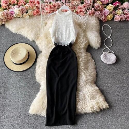 Elegant Women Office Dress Work Wear Sexy Formal Dress Lace Stiching Hips Wrapped Sleeveless Midi Bodycon Work Dress