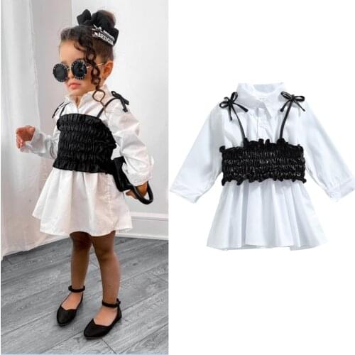 FOCUSNORM Autumn Fashion Kids Girls Dress+Vest 2pcs Outfits 1-6Y Solid Ruffles Long Sleeve A-Line Dress+Elastic Strapless