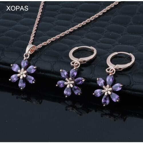 XOPAS Fashion Jewelry Set Wholesale necklace and Earrings CZ Bright Zircon Rose Gold Woman Earrings Set
